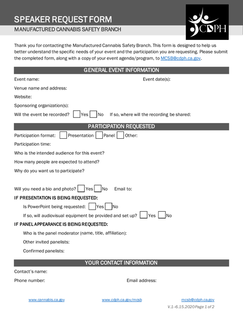 Speaker Request Form - Manufactured Cannabis Safety Branch - California Download Pdf