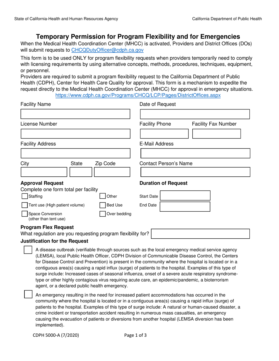 Form CDPH5000-A Temporary Permission for Program Flexibility and for Emergencies - California, Page 1