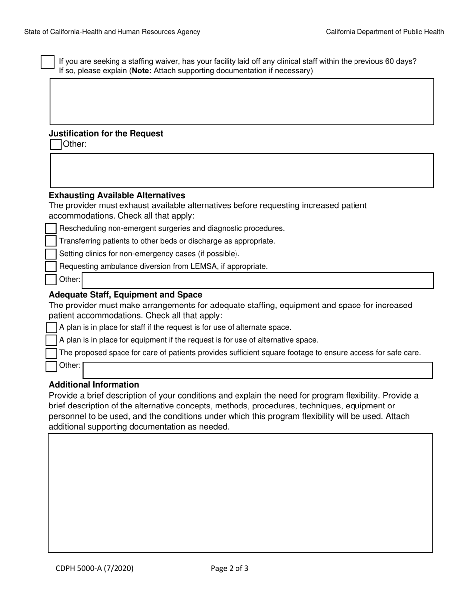 Form CDPH5000-A Temporary Permission for Program Flexibility and for Emergencies - California, Page 2