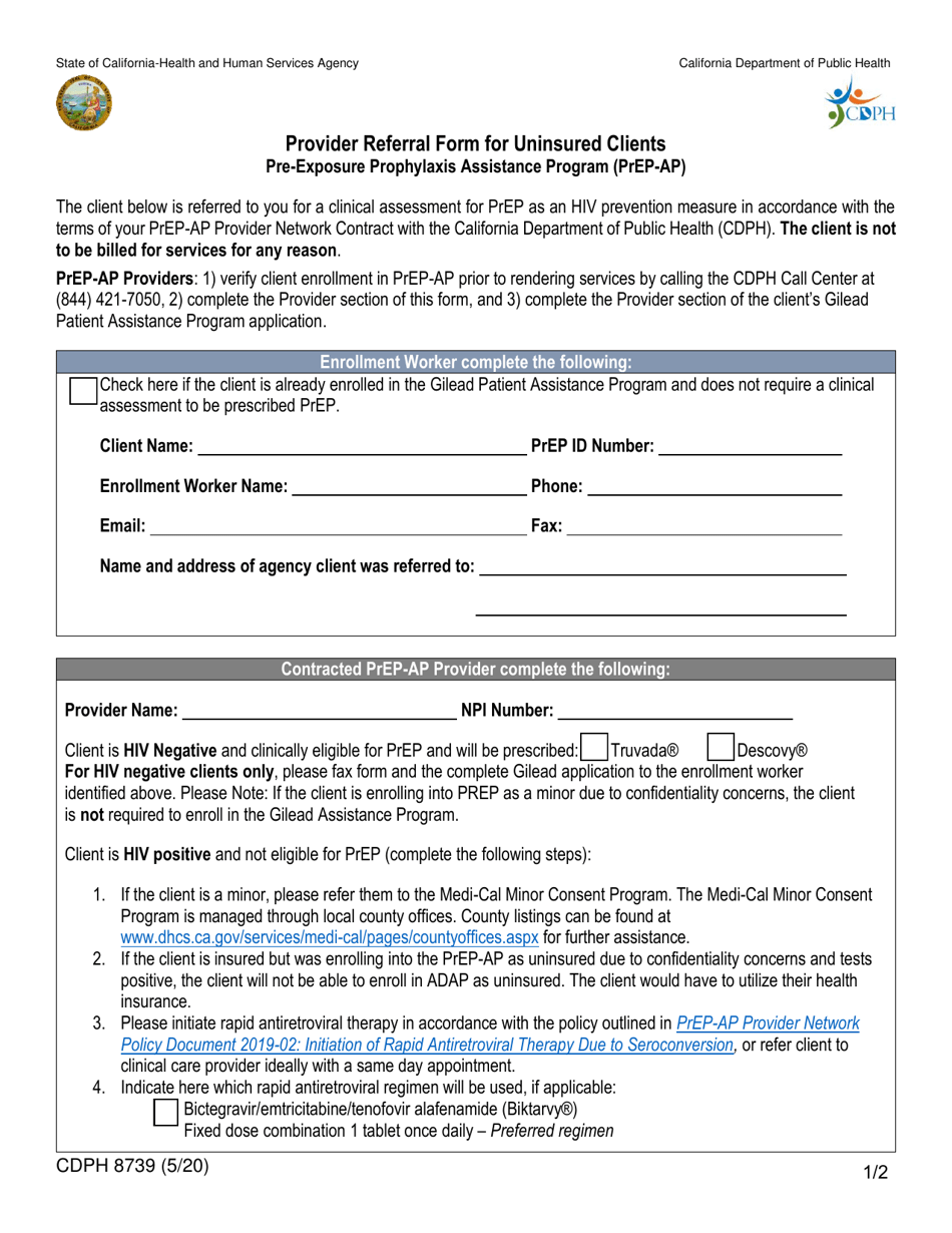 Form CDPH8739 Provider Referral Form for Uninsured Clients Pre-exposure Prophylaxis Assistance Program (Prep-Ap) - California, Page 1