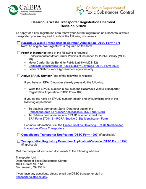 Hazardous Waste Transporter Registration Checklist - California Download Pdf