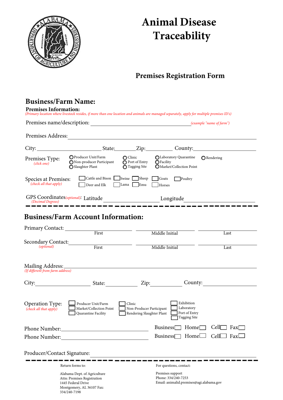 Animal Disease Traceability Premises Registration Form - Alabama, Page 1