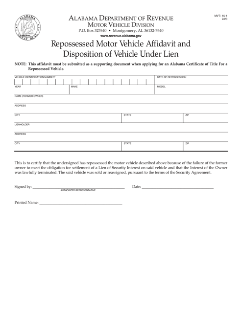 Form MVT15-1 Repossessed Motor Vehicle Affidavit and Disposition of Vehicle Under Lien - Alabama
