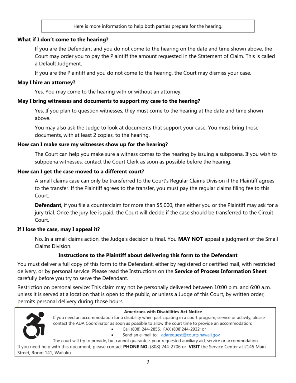 Form 2DC06 (2D-P-302) General Statement of Claim and Notice - Hawaii, Page 3