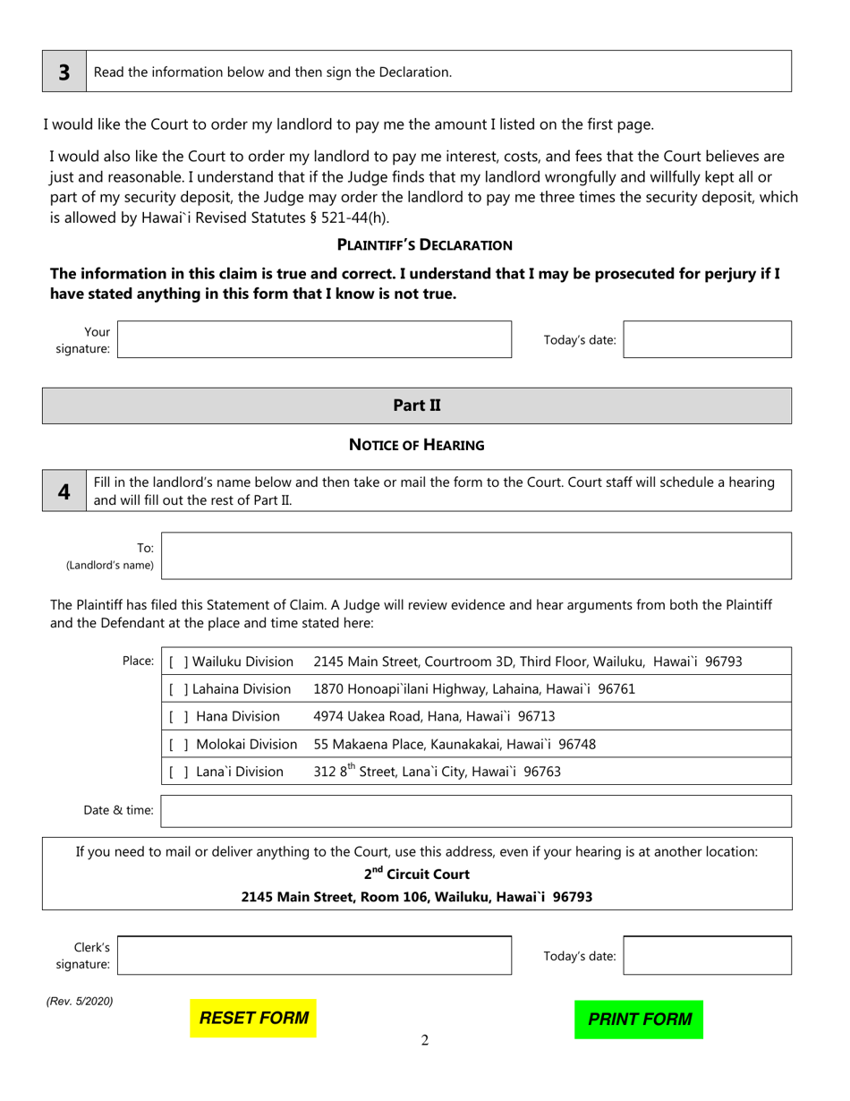 Form 2DC05 (2D-P-303) Statement of Claim and Notice for Security Deposit Disputes - Hawaii, Page 2