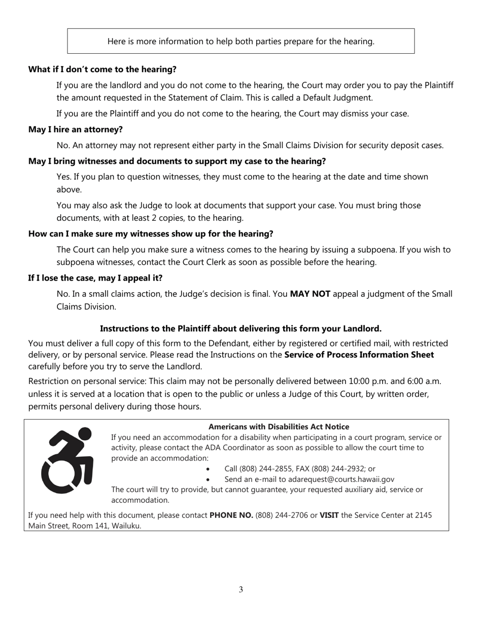 Form 2DC05 (2D-P-303) Statement of Claim and Notice for Security Deposit Disputes - Hawaii, Page 3