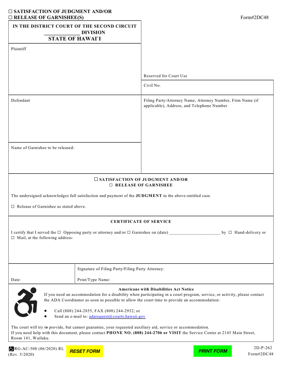 Form 2DC48 (2D-P-262) Satisfaction of Judgment; Release of Garnishee(S) - Hawaii, Page 1
