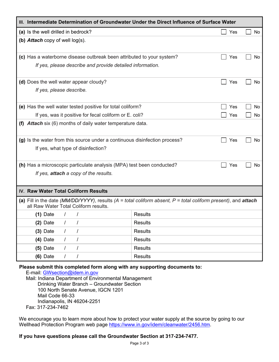State Form 49187 Determination of Groundwater Under the Direct Influence of Surface Water - Indiana, Page 3