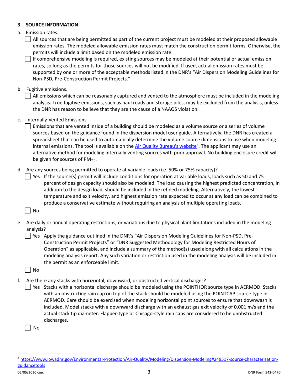 DNR Form 542-0470 Air Dispersion Modeling Checklist for Non-psd Construction Permit Applications - Iowa, Page 3