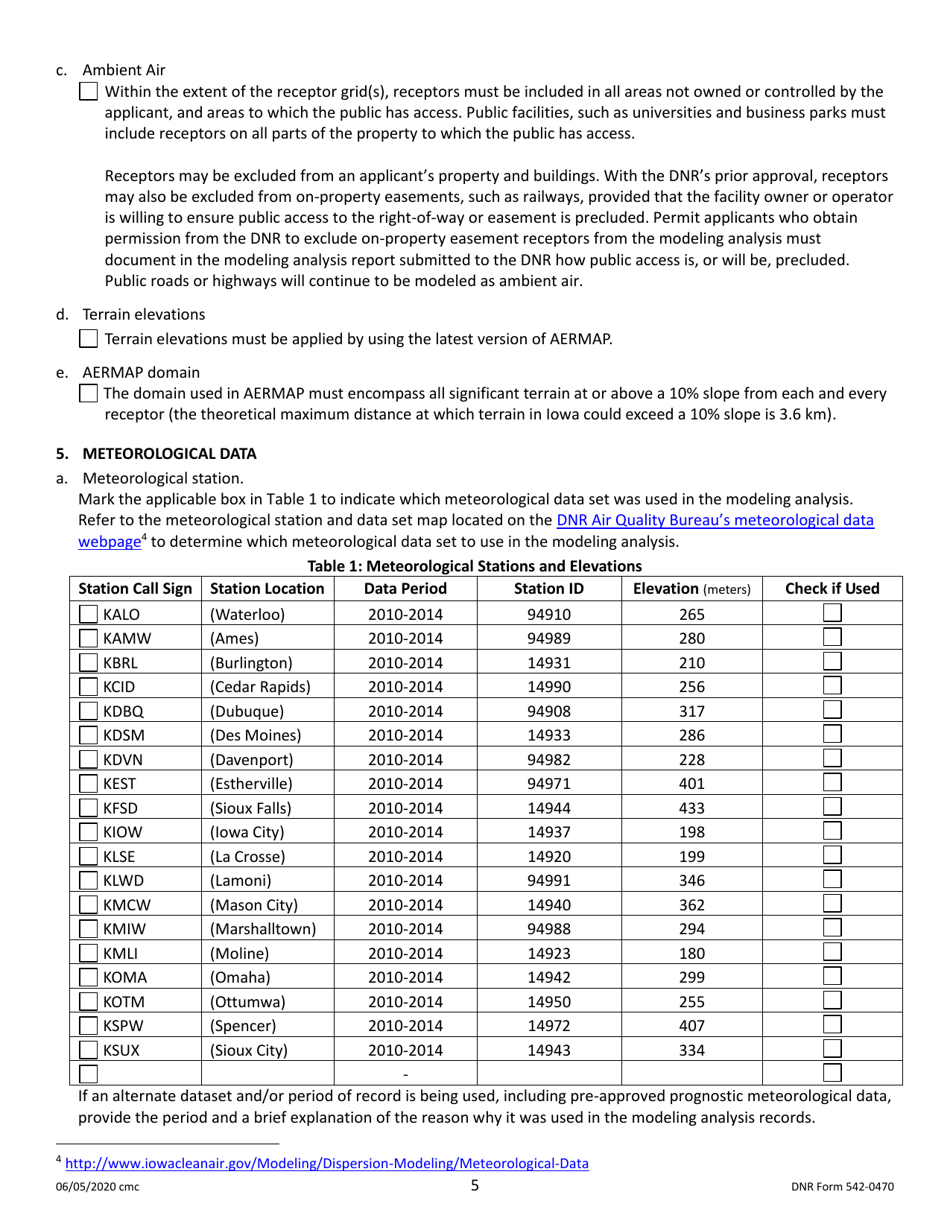 DNR Form 542-0470 Air Dispersion Modeling Checklist for Non-psd Construction Permit Applications - Iowa, Page 5
