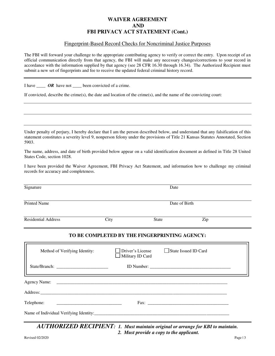 Fingerprint Waiver Form - Kansas, Page 3