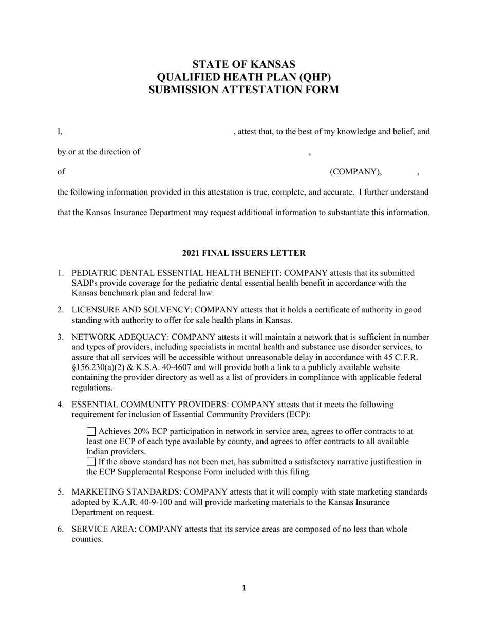 Qualified Health Plan (Qhp) Submission Attestation Form - Kansas, Page 1