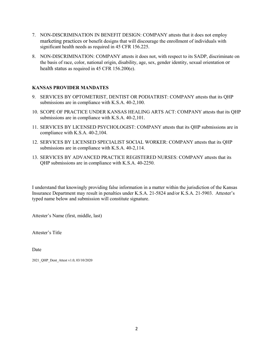 Qualified Health Plan (Qhp) Submission Attestation Form - Kansas, Page 2