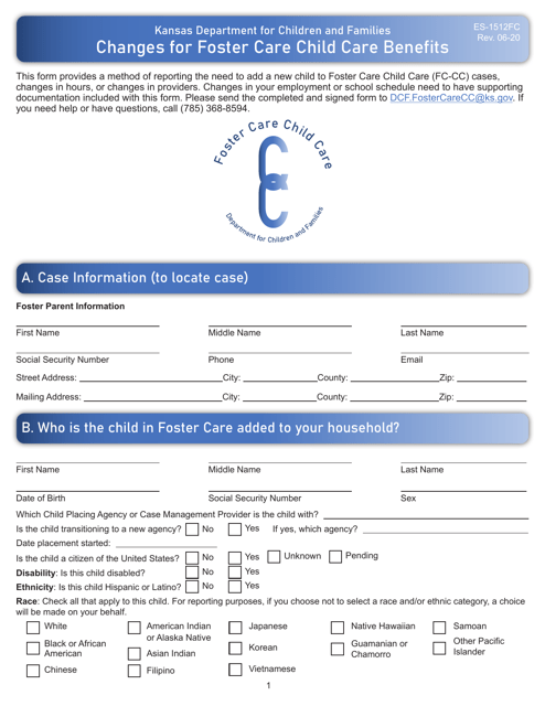 Form ES-1512FC Changes for Foster Care Child Care Benefits - Kansas