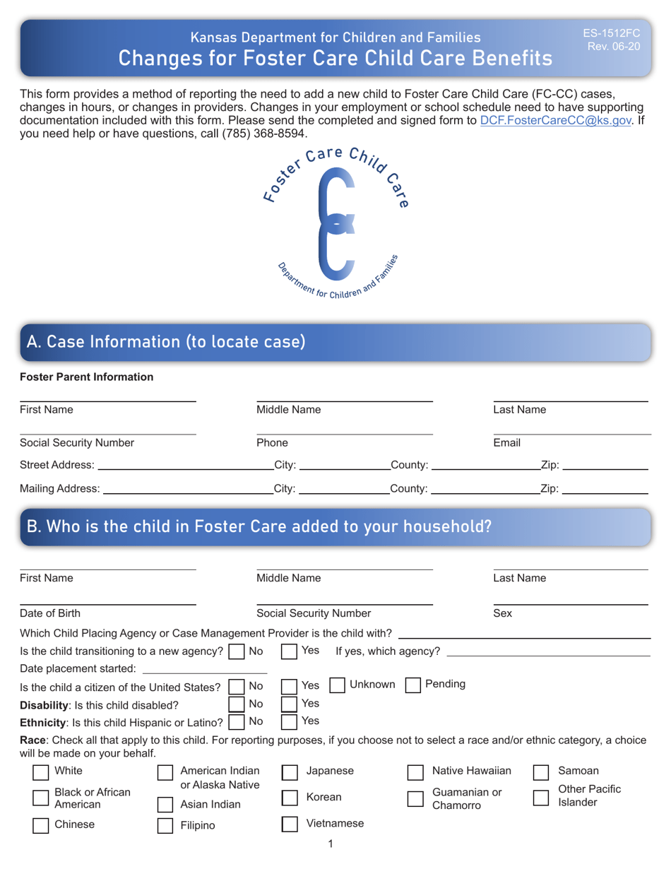 Form ES-1512FC Changes for Foster Care Child Care Benefits - Kansas, Page 1
