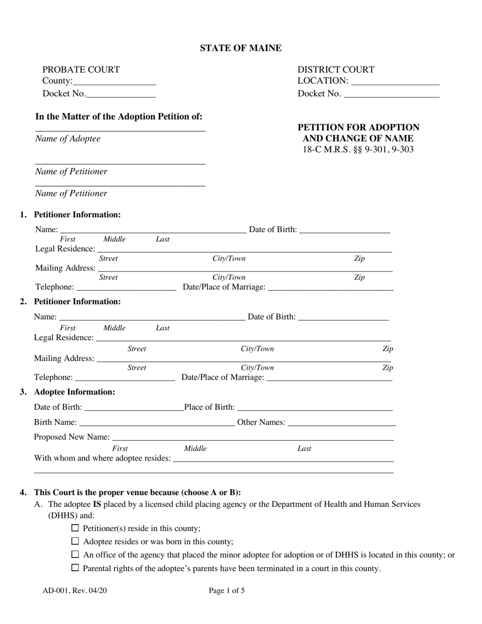 Form AD-001 Petition for Adoption and Change of Name - Maine, Page 1