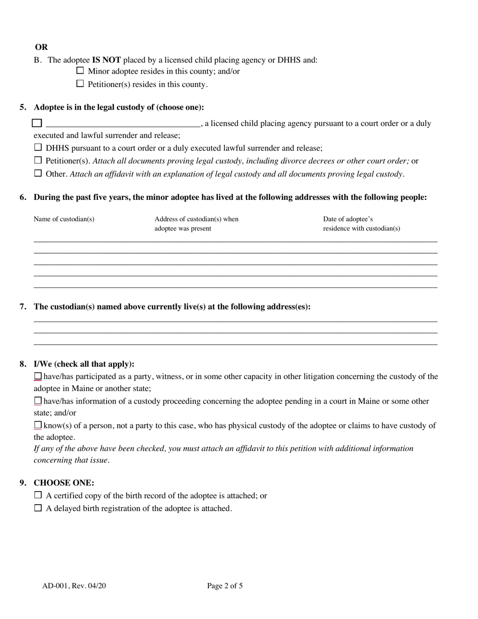 Form AD-001 Petition for Adoption and Change of Name - Maine, Page 2