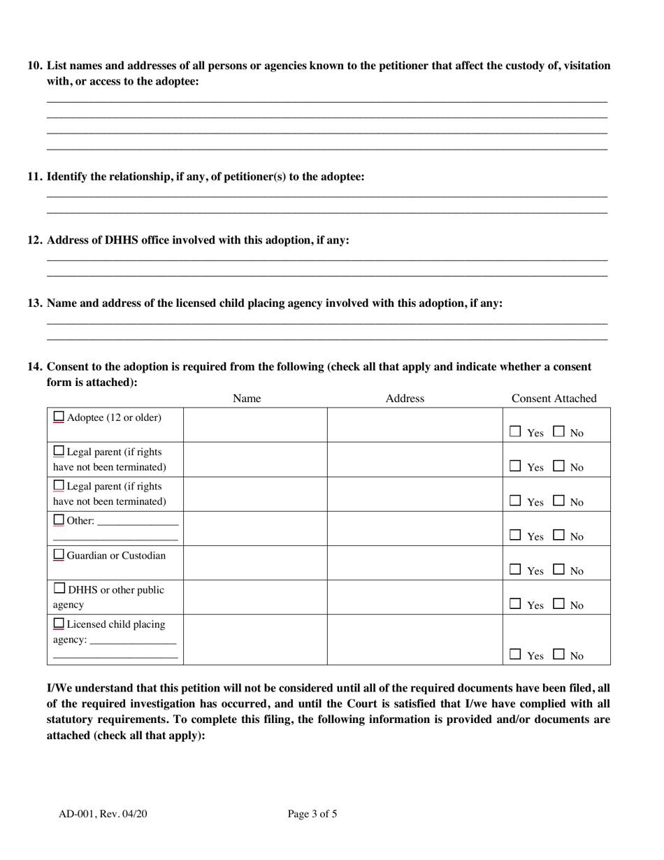 Form AD-001 Petition for Adoption and Change of Name - Maine, Page 3