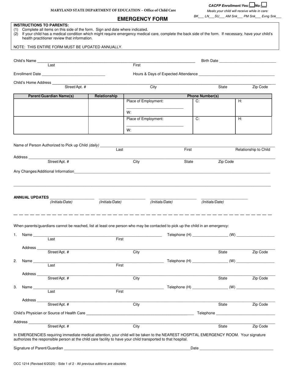 Form OCC1214 Emergency Form - Maryland, Page 1