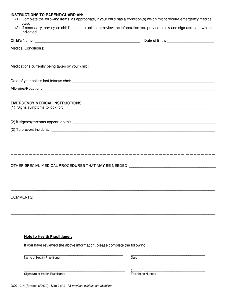 Form OCC1214 Emergency Form - Maryland, Page 2