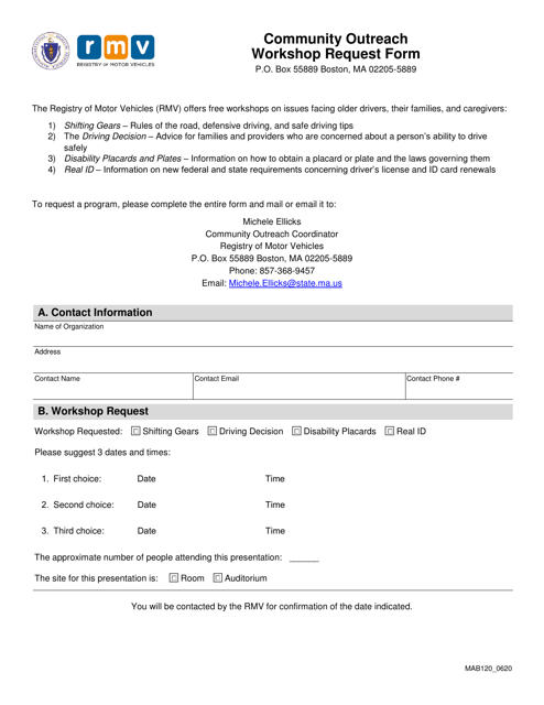 Form MAB120 Community Outreach Workshop Request Form - Massachusetts