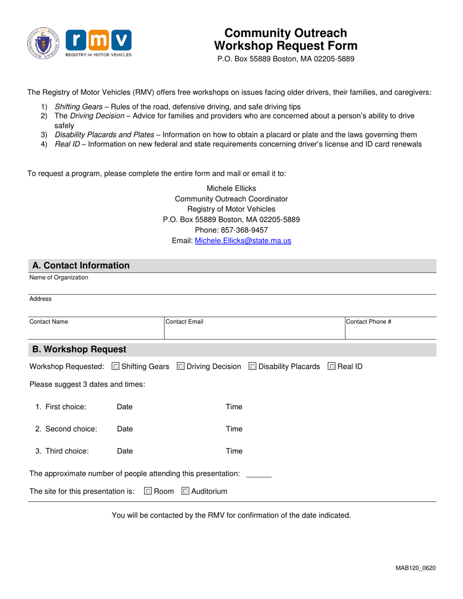 Form MAB120 Community Outreach Workshop Request Form - Massachusetts, Page 1