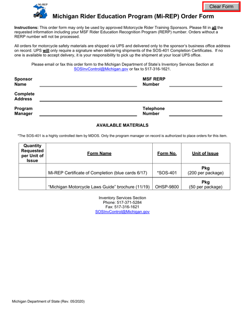 Michigan Rider Education Program (Mi-Rep) Order Form - Michigan Download Pdf