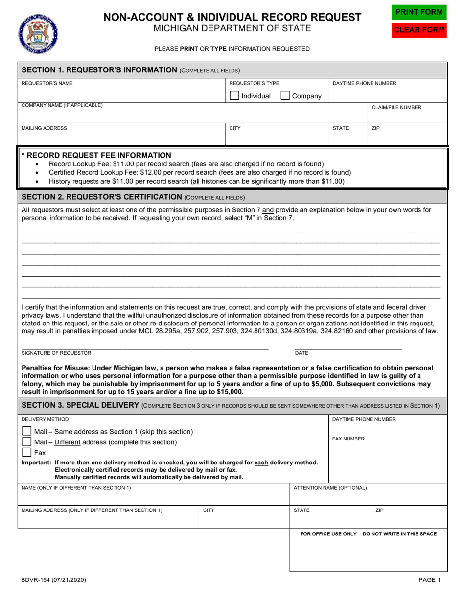 Form BDVR-154 Non-account  Individual Record Request - Michigan, Page 1