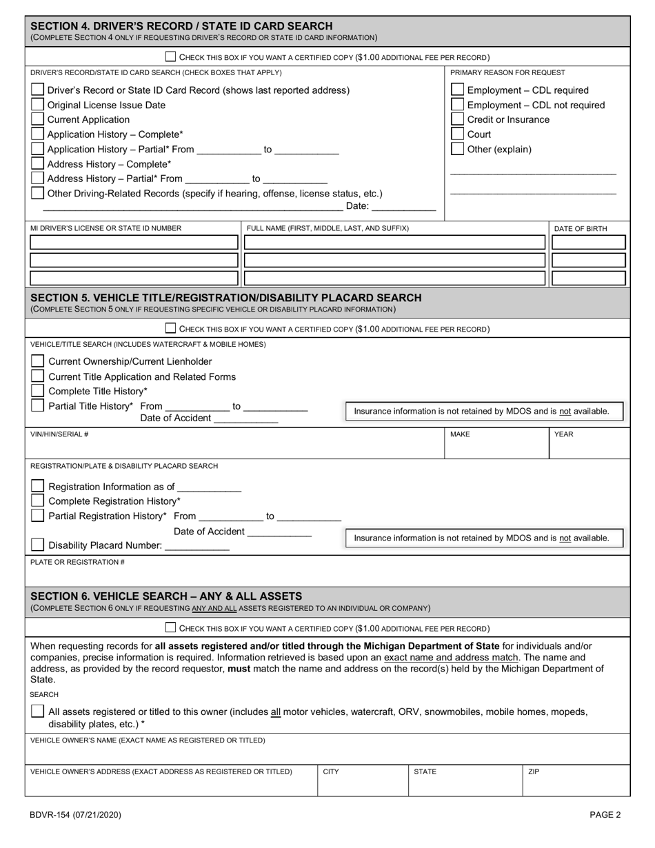 Form BDVR-154 Non-account  Individual Record Request - Michigan, Page 2