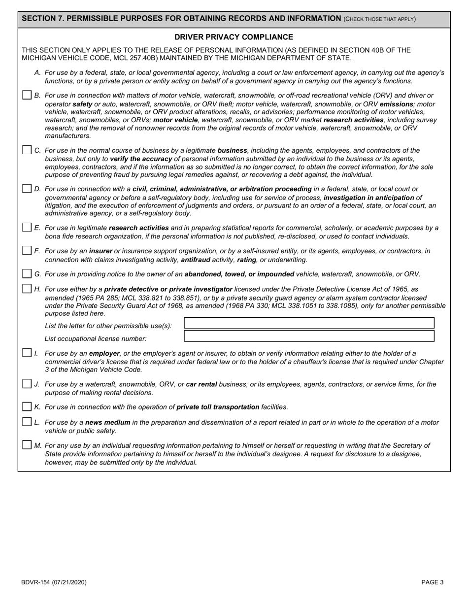 Form BDVR-154 Non-account  Individual Record Request - Michigan, Page 3