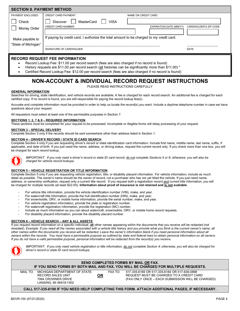 Form BDVR-154 Non-account  Individual Record Request - Michigan, Page 4