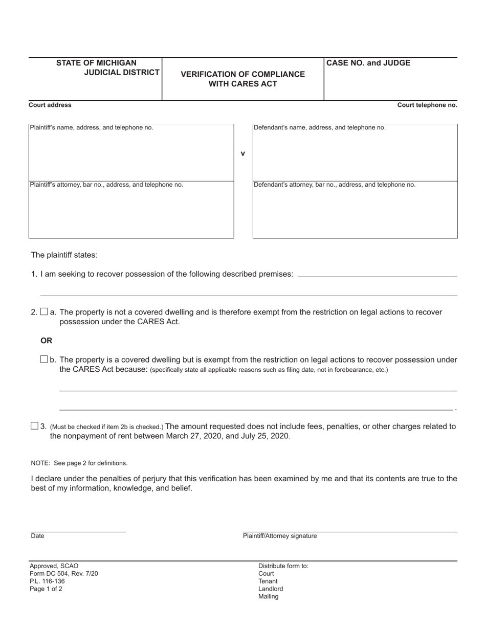 Form DC504 Verification of Compliance With Cares Act - Michigan, Page 1