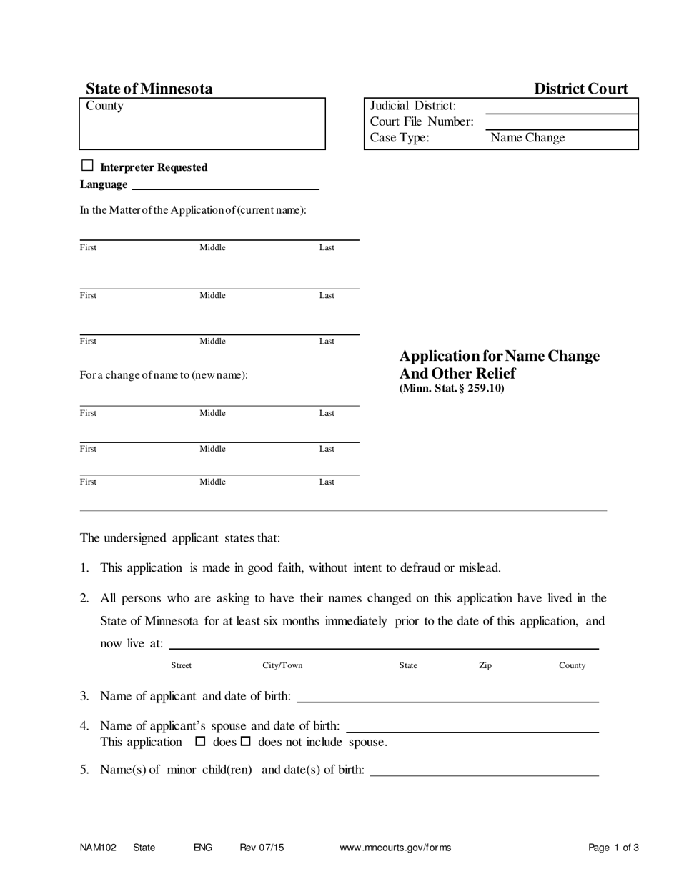 Form NAM102 Application for Name Change and Other Relief - Minnesota, Page 1