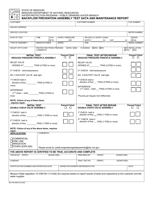 Form MO780-0804 Backflow Prevention Assembly Test Data and Maintenance Report - Missouri