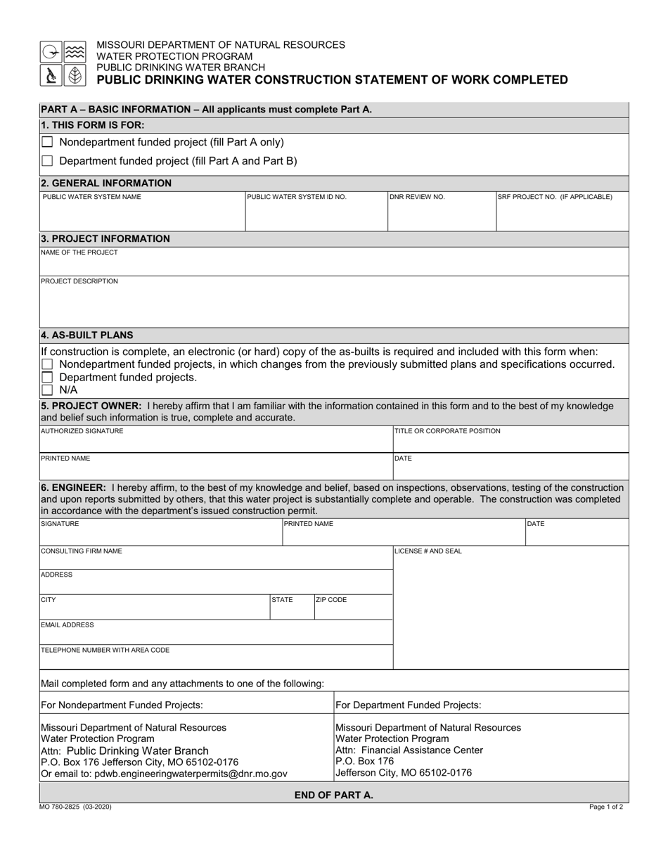 Form MO780-2825 Public Drinking Water Construction Statement of Work Completed - Missouri, Page 1