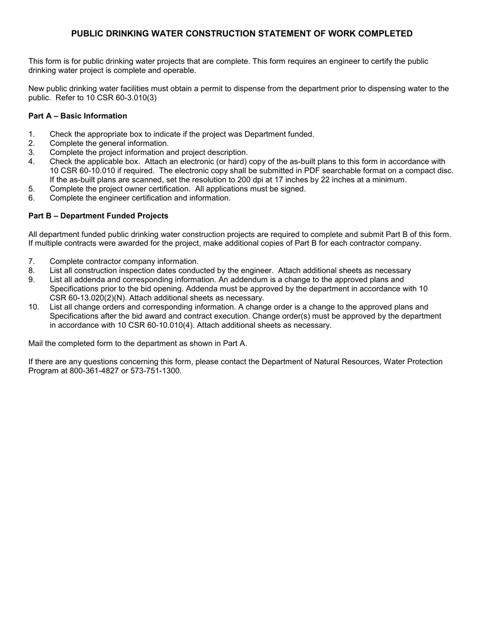 Form MO780-2825 Public Drinking Water Construction Statement of Work Completed - Missouri, Page 3