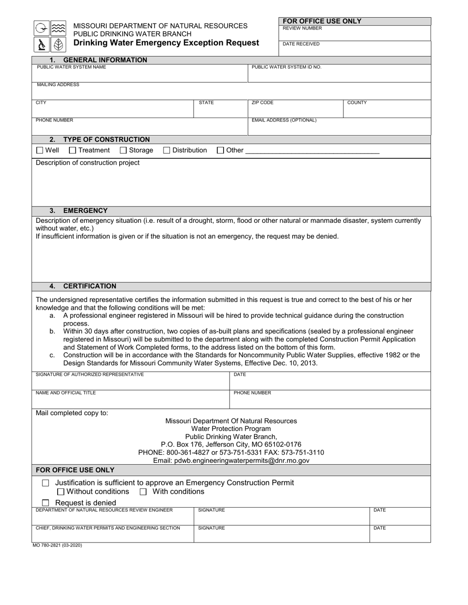 Form MO780-2821 Drinking Water Emergency Exception Request - Missouri, Page 1