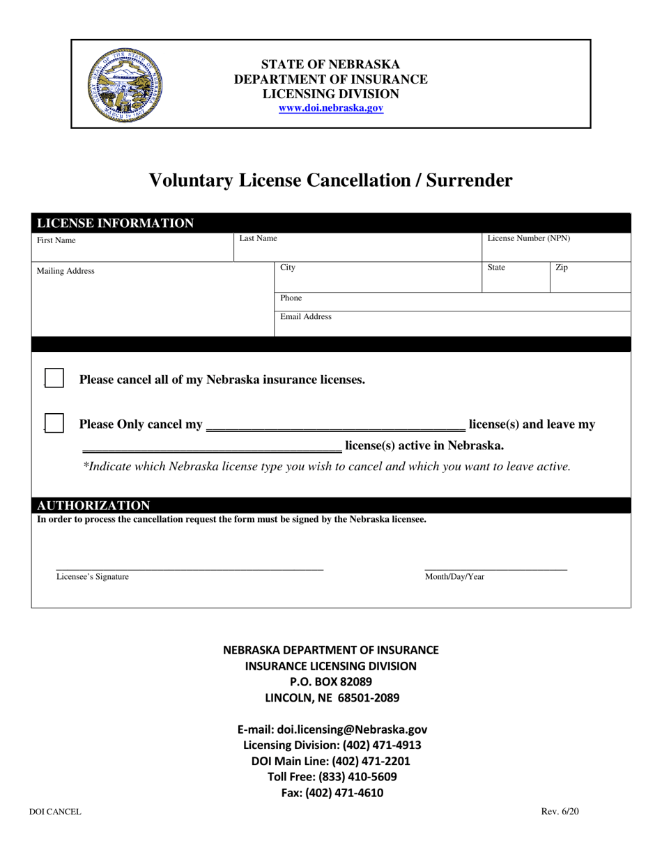 Voluntary License Cancellation / Surrender - Nebraska, Page 1