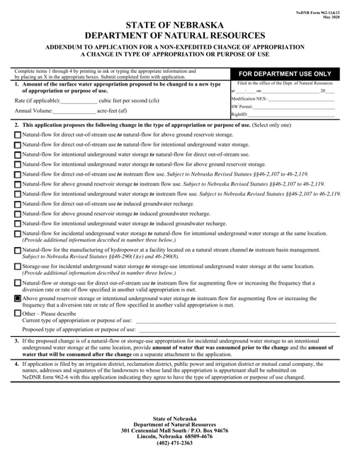 Document preview: DNR Form 962-11&12 Addendum to Application for a Non-expedited Change of Appropriation a Change in Type of Appropriation or Purpose of Use - Nebraska