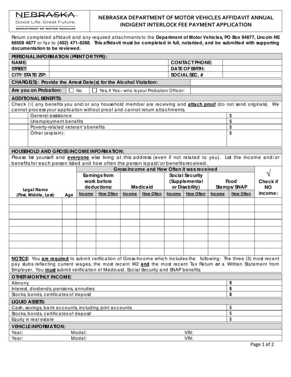 Nebraska Department of Motor Vehicles Affidavit Annual Indigent Interlock Fee Payment Application - Nebraska, Page 1
