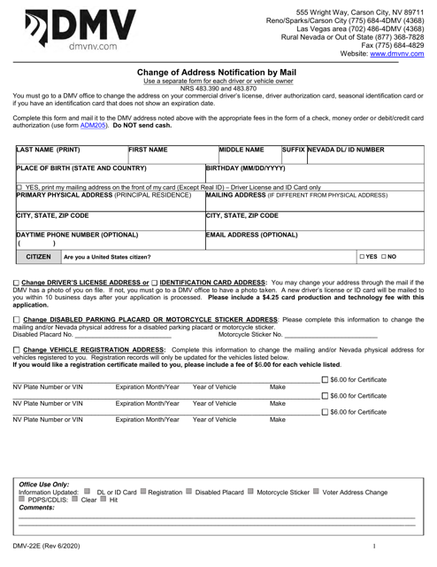 Form DMV22 Change of Address Notification by Mail - Nevada