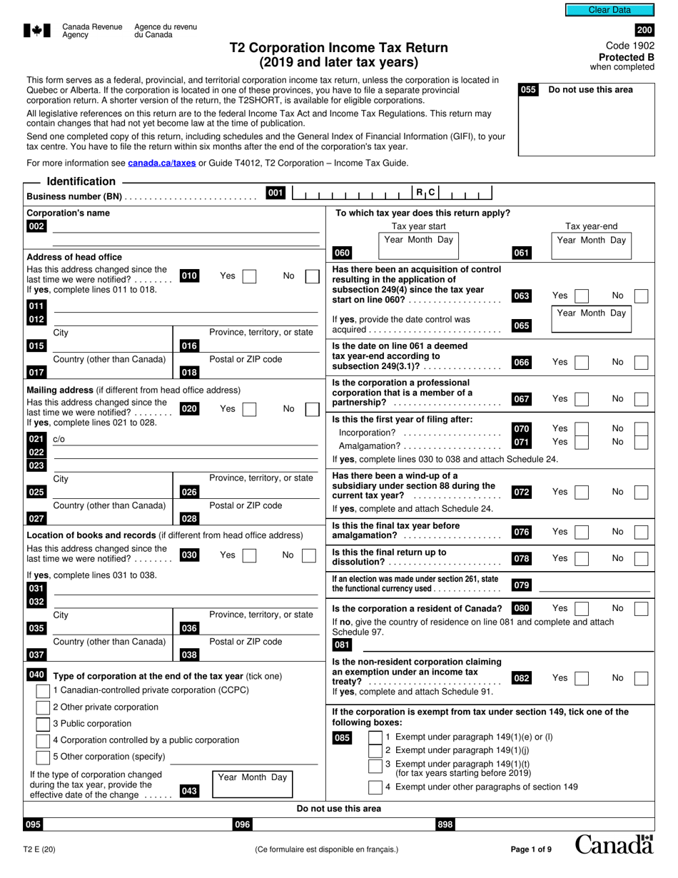 Form T2 Corporation Income Tax Return - Canada, Page 1