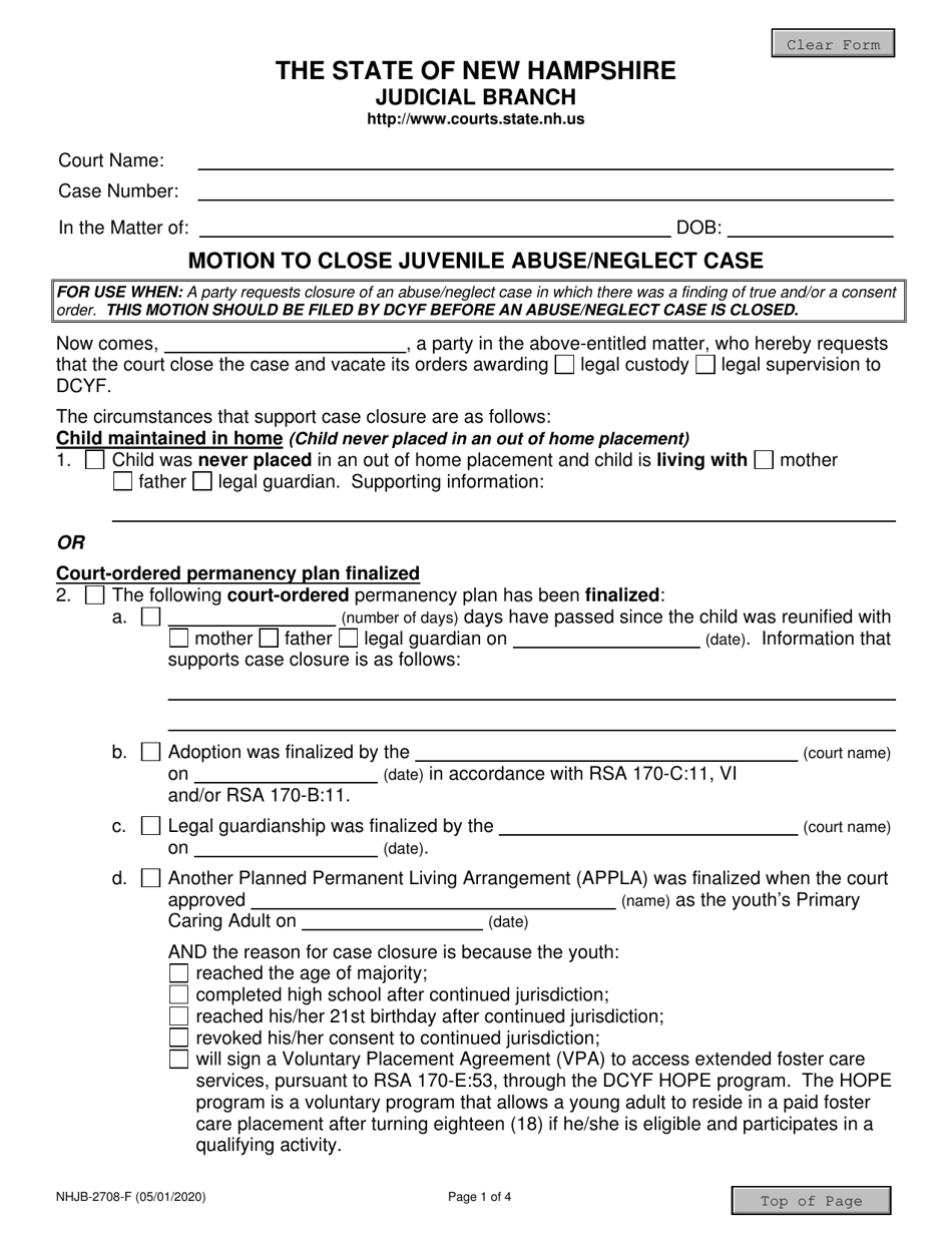 Form NHJB-2708-F Motion to Close Juvenile Abuse/Neglect Case - New Hampshire, Page 1