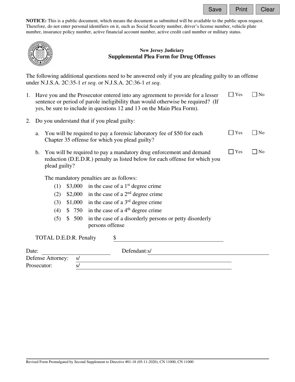 Form 11000 Supplement Plea Form for Drug Offenses - New Jersey, Page 1