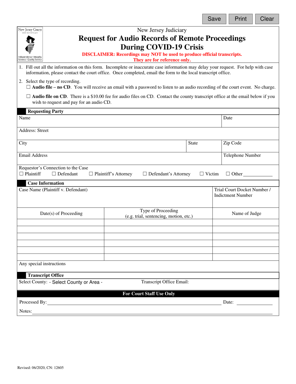 Form 12605 Request for Audio Records of Remote Proceedings During Covid-19 Crisis - New Jersey, Page 1