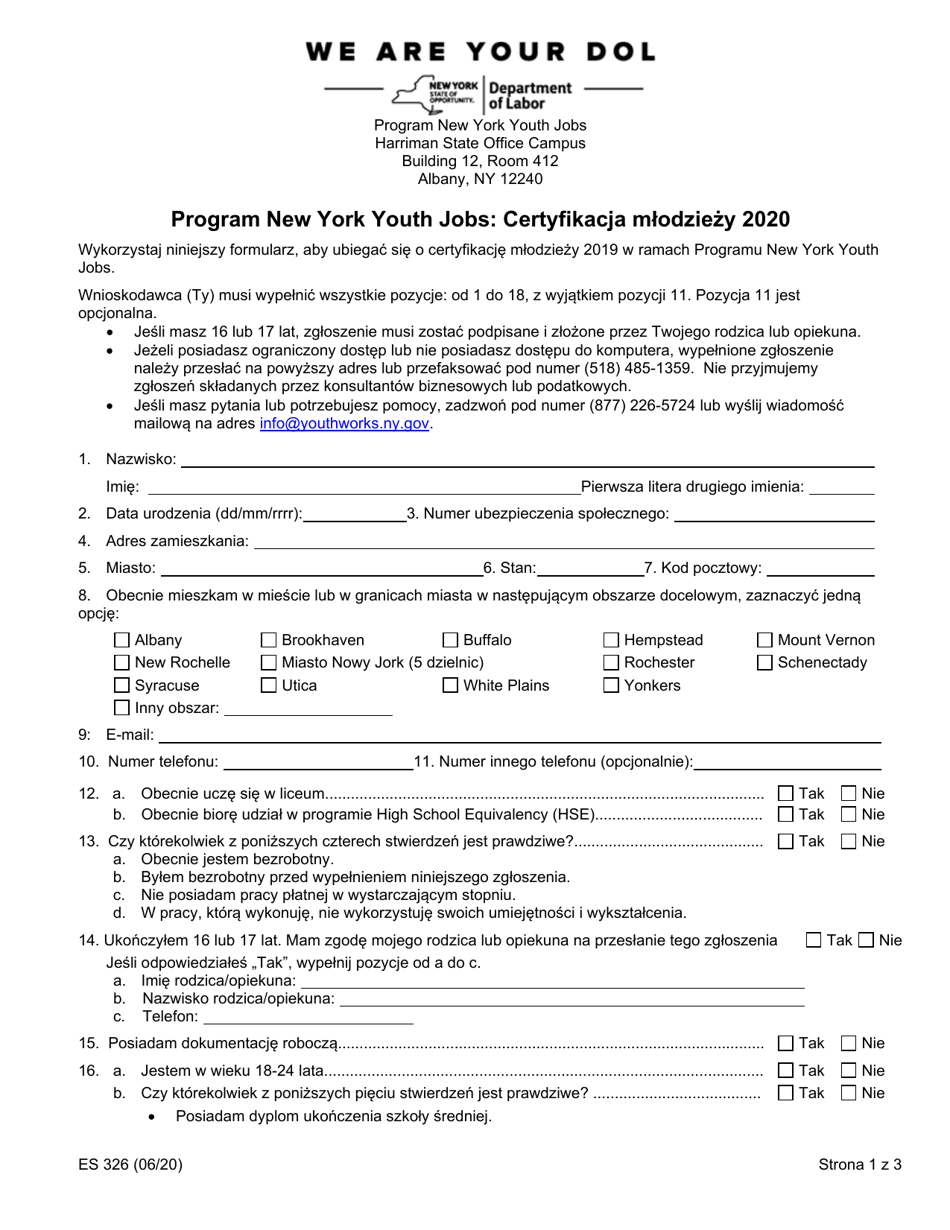 Form ES326P New York Youth Jobs Program: Youth Certification - New York (Polish), Page 1