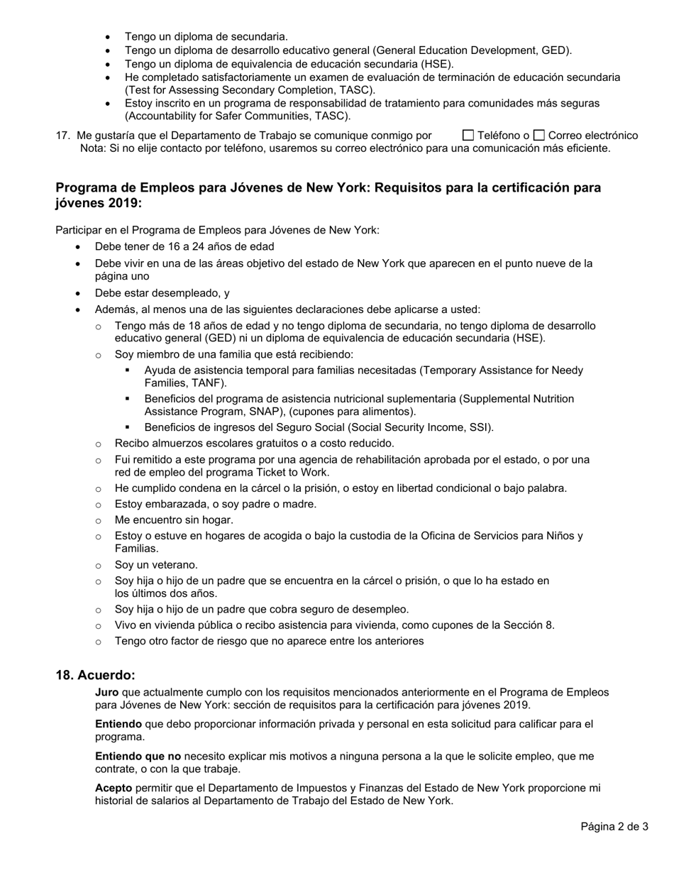 Formulario ES326S Programa De Empleos Para Jovenes De New York: Certificacion Para Jovenes - New York (Spanish), Page 2