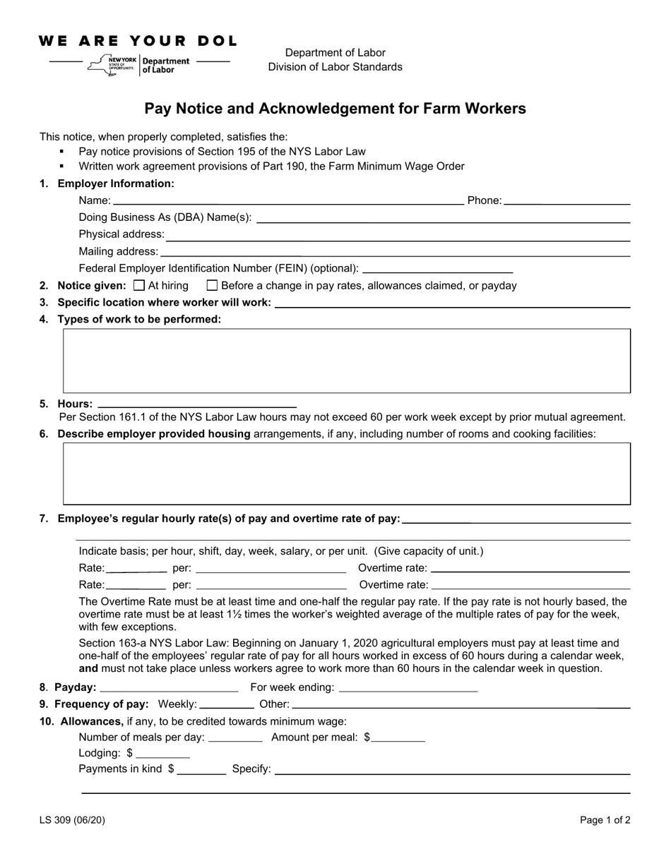 Form LS309 Pay Notice and Work Agreement for Farm Workers - New York, Page 1