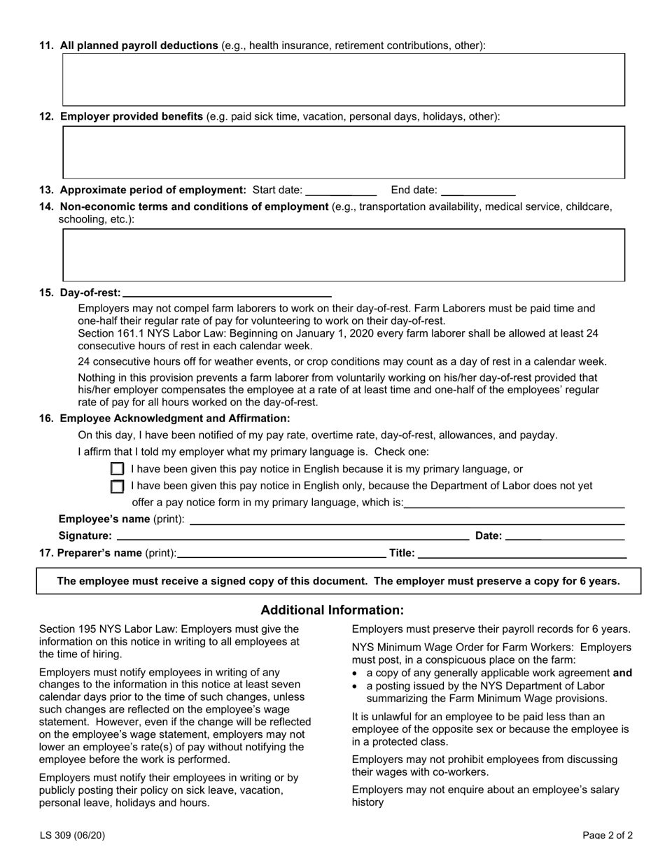 Form LS309 Pay Notice and Work Agreement for Farm Workers - New York, Page 2