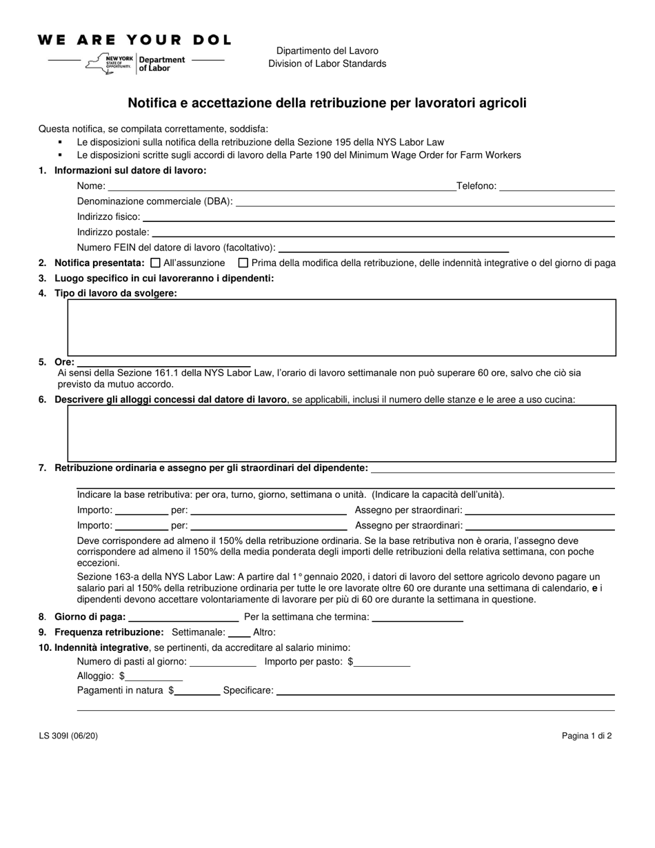 Form LS309I Pay Notice and Acknowledgement for Farm Workers - New York (Italian), Page 1